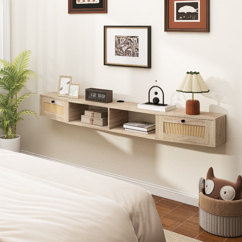 Wall-Mounted Floating TV Stand with Rattan Doors & Storage Shelf - Modern Media Console Suitable for 55\