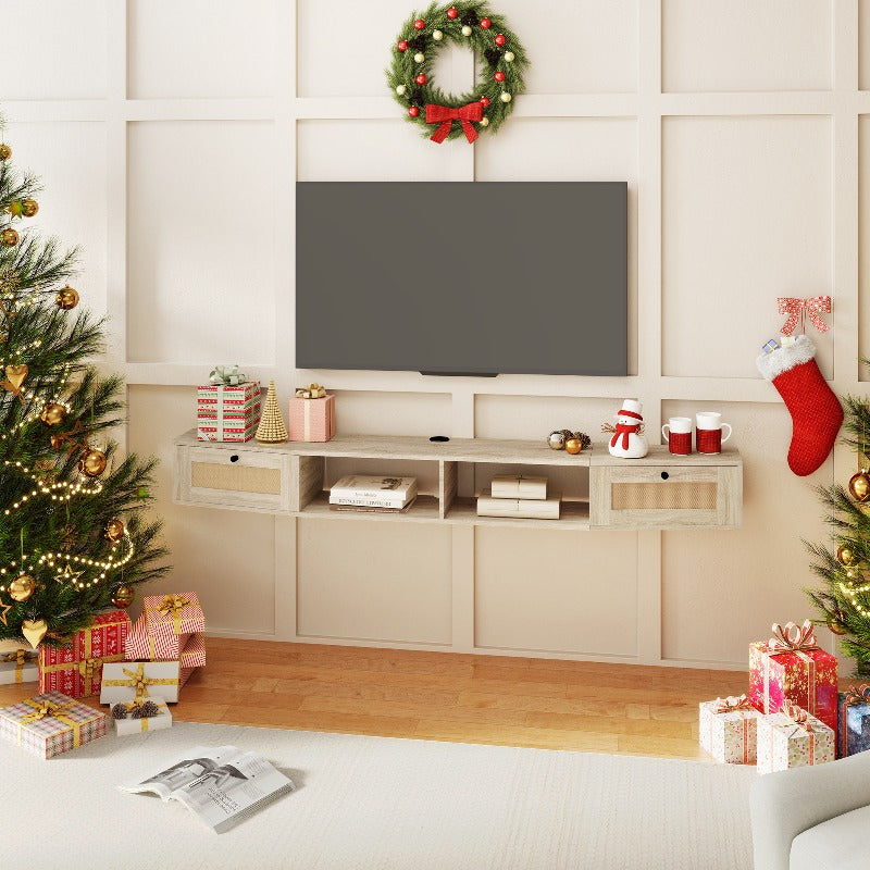 Wall-Mounted Floating TV Stand with Rattan Doors & Storage Shelf - Modern Media Console Suitable for 55\