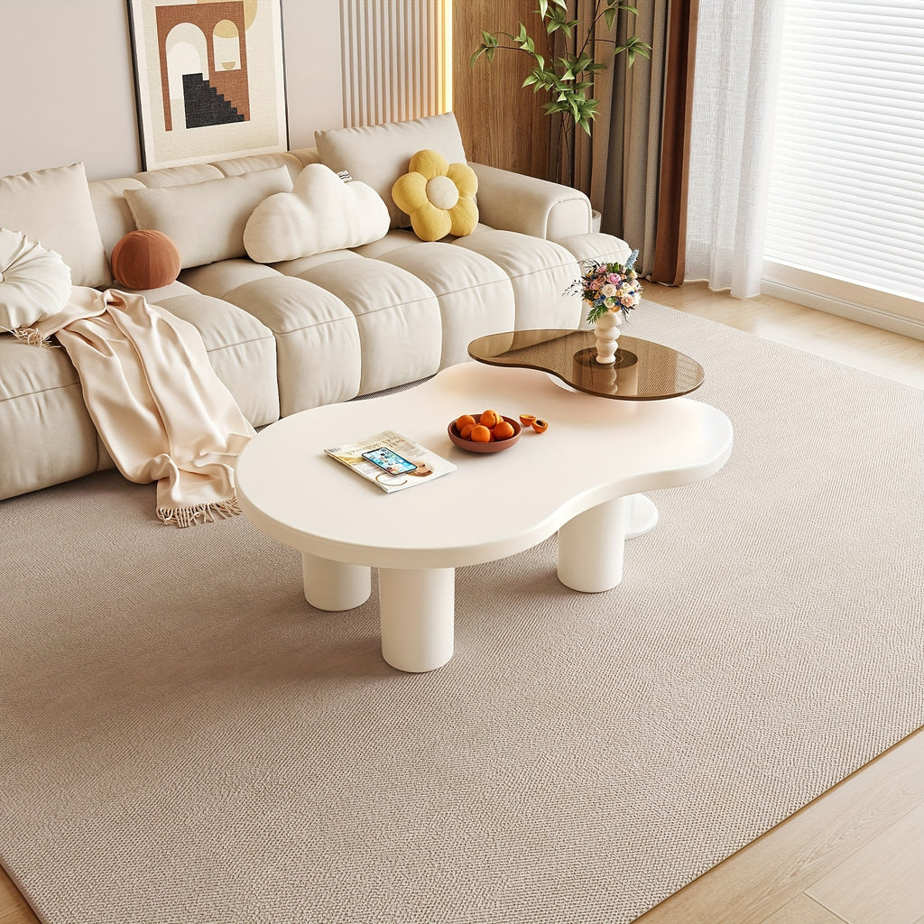 Guyii Nesting Coffee Table Set Of 2, Tempered Glass Side Table And Cloud Coffee Table, White Cream 2in 1 Modern Coffee Table, End Table for Living Room, Bedroom, Small Spaces, Easy Assembly