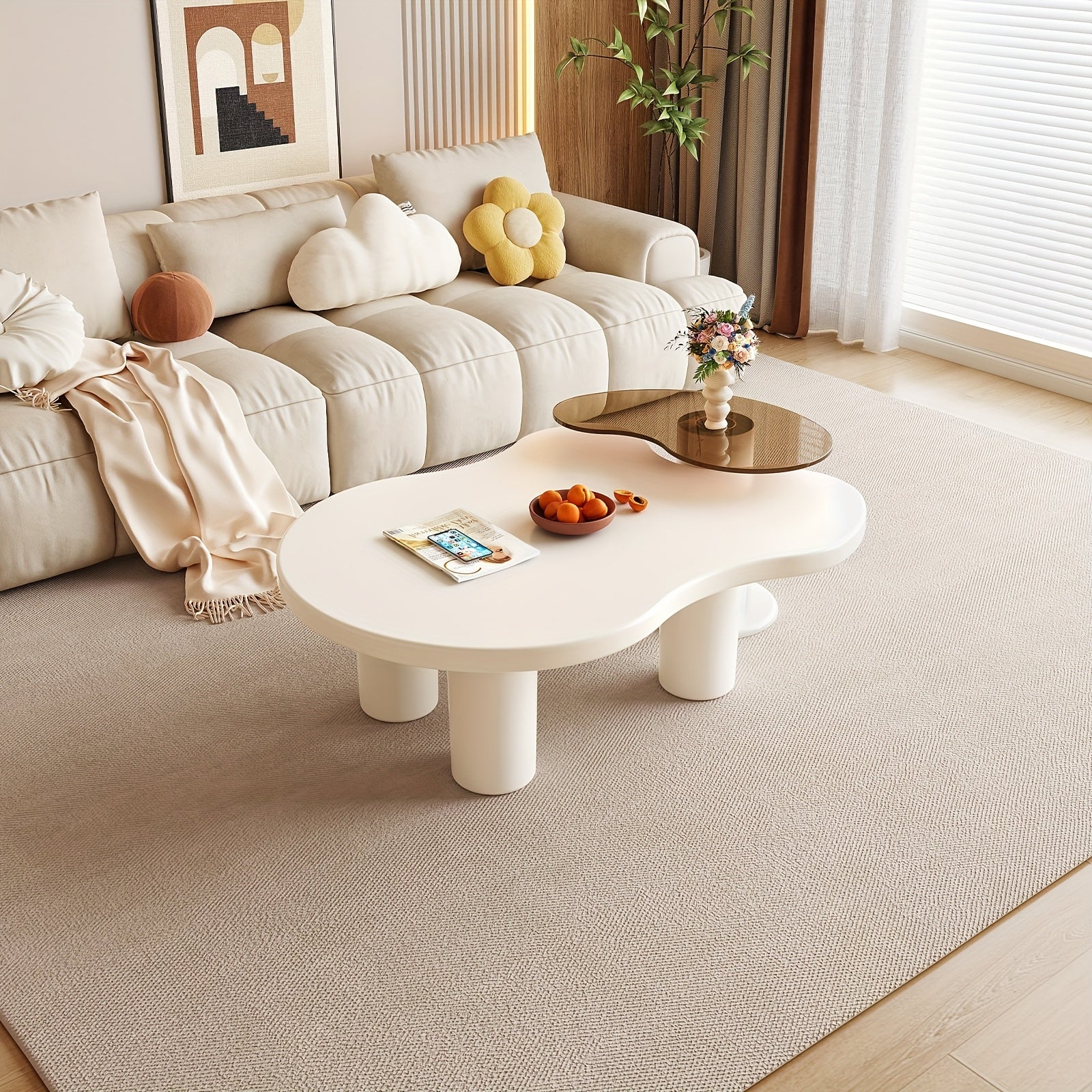 Guyii Nesting Coffee Table Set Of 2, Tempered Glass Side Table And Cloud Coffee Table, White Cream 2in 1 Modern Coffee Table, End Table for Living Room, Bedroom, Small Spaces, Easy Assembly