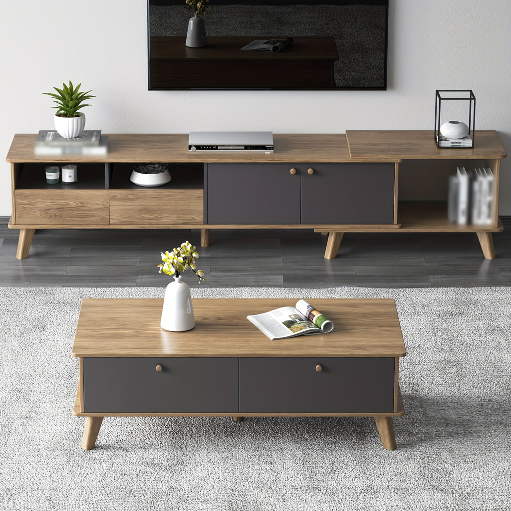 3pcs Mid Century Modern TV Stand Entertainment Center | Extendable TV Cabinet, Coffee Table and Side Table Set of 3, TV Cabinet with Storage for TVs Up to 80\