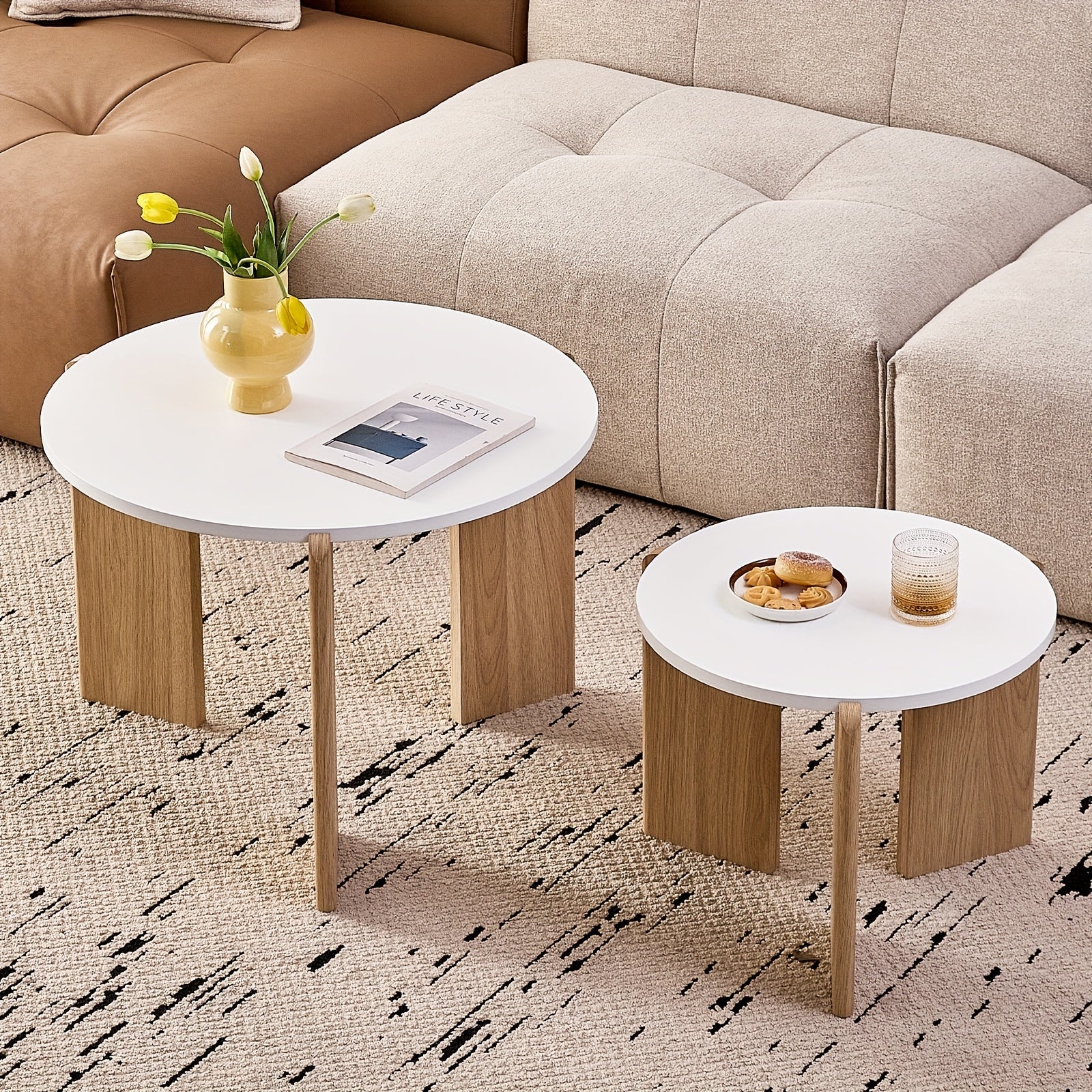 Pair of Circular Nesting Coffee Tables with Adjustable Height, Designed in a Mid-Century Modern Style, Suitable for Bedrooms, Living Rooms, Office Studios, And Apartments