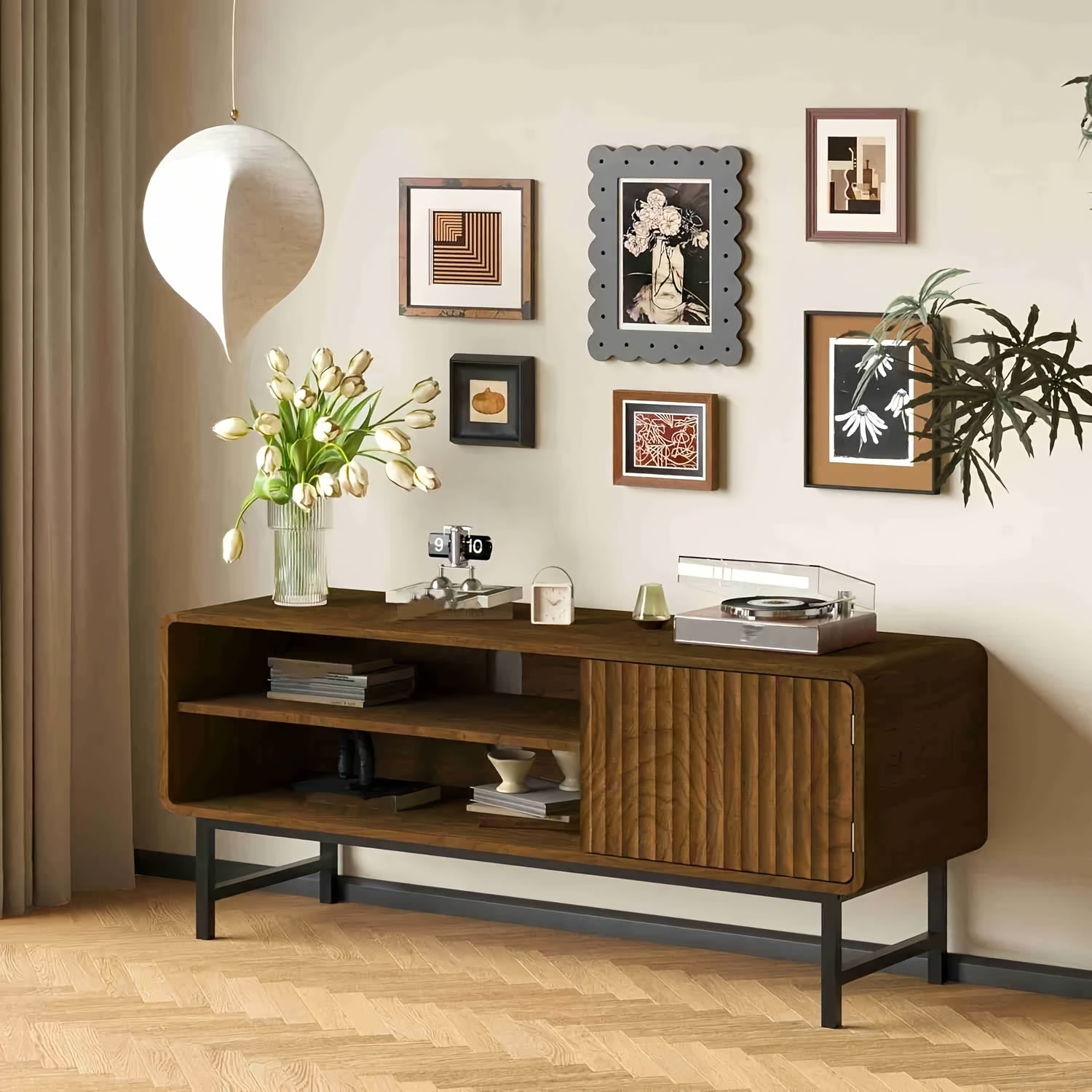 43-Inch Modern Farmhouse TV Stand with Doors & Open\u002FShut Cabinets - Wood Entertainment Center Suitable for TVs 30-50\