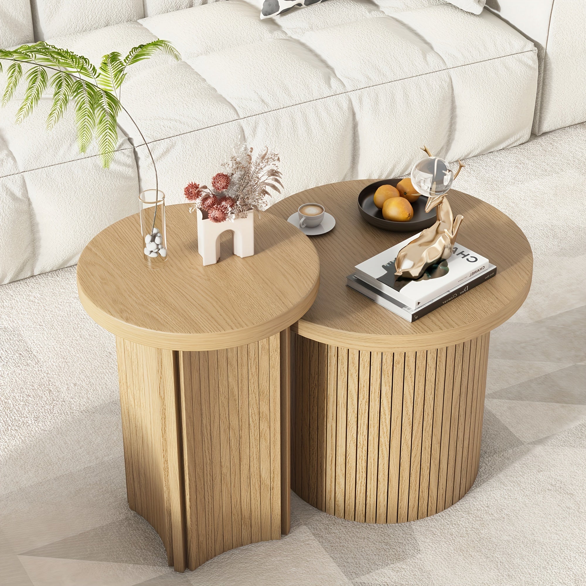 Round Wooden Coffee Table Set of 2, Modern Nesting Coffee Table, Circle Side Table for Living Room, Office, Balcony (Small 2pcs Set)