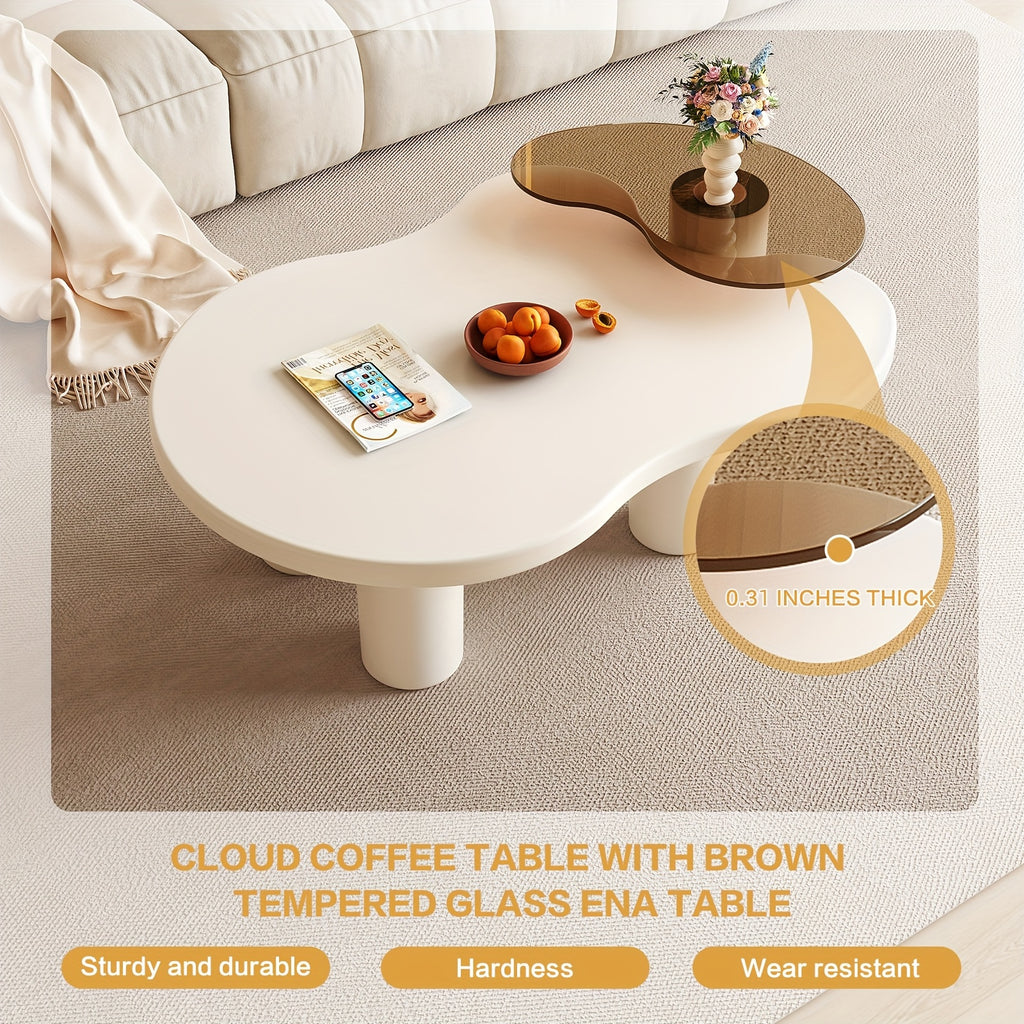 Guyii Nesting Coffee Table Set Of 2, Tempered Glass Side Table And Cloud Coffee Table, White Cream 2in 1 Modern Coffee Table, End Table for Living Room, Bedroom, Small Spaces, Easy Assembly