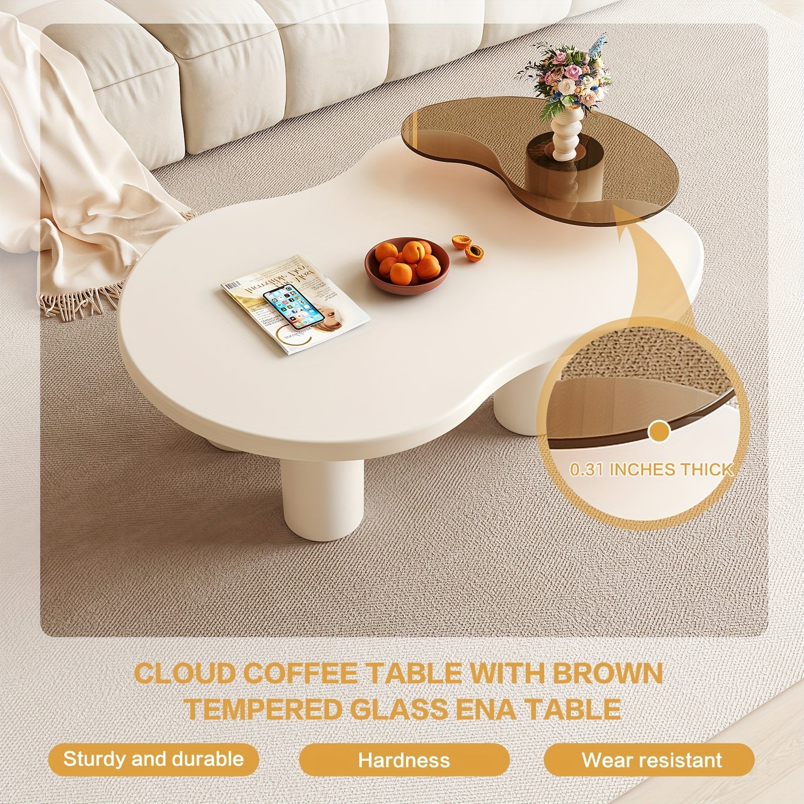 Guyii Nesting Coffee Table Set Of 2, Tempered Glass Side Table And Cloud Coffee Table, White Cream 2in 1 Modern Coffee Table, End Table for Living Room, Bedroom, Small Spaces, Easy Assembly