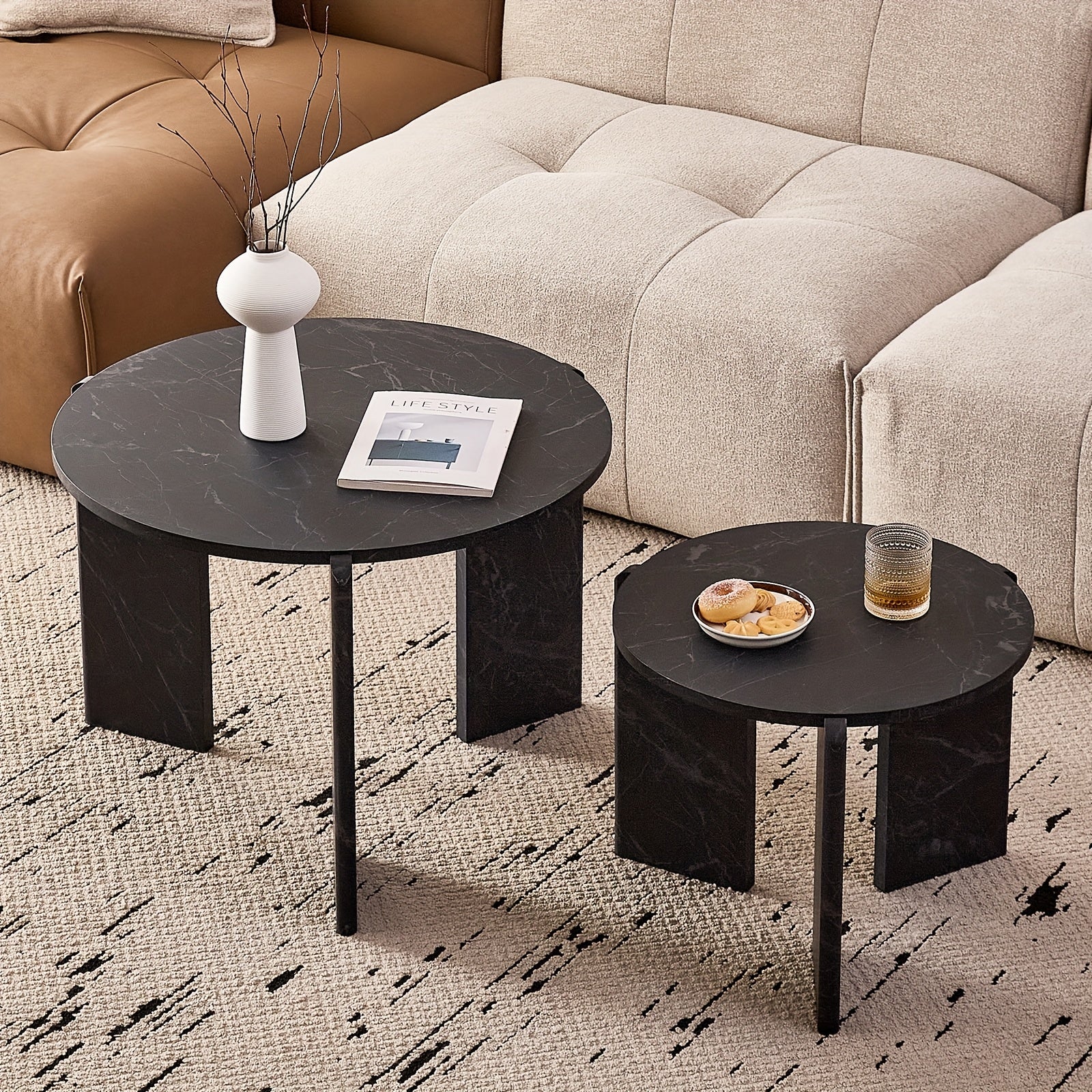 Pair of Circular Nesting Coffee Tables with Adjustable Height, Designed in a Mid-Century Modern Style, Suitable for Bedrooms, Living Rooms, Office Studios, And Apartments