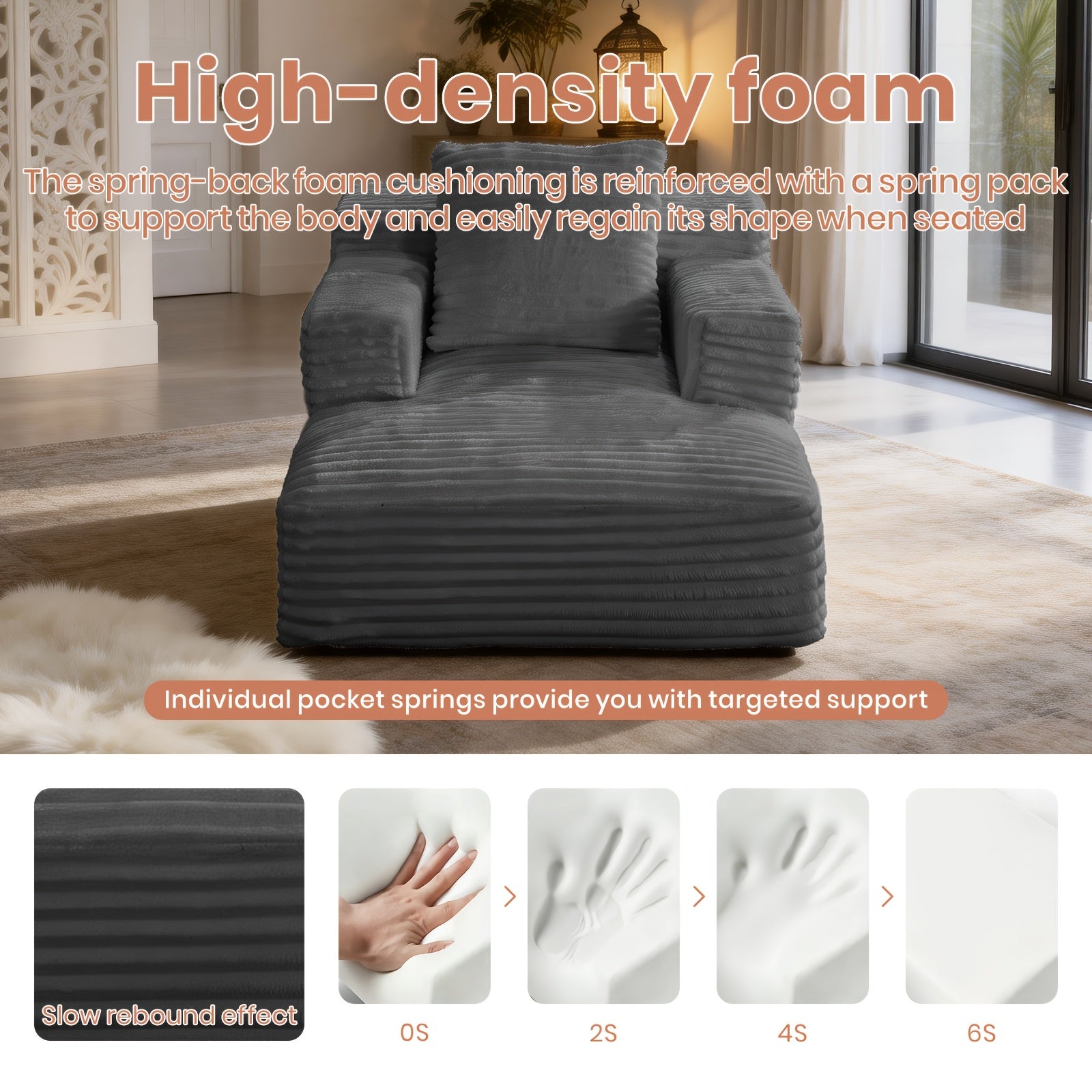 50-inch Single Boneless Chaise Lounge Sofa Bed, Deep Seat Recliner, Comfortable Cloud Sofa, Suitable for Bedroom, Living Room, Home Theater, No Assembly Required