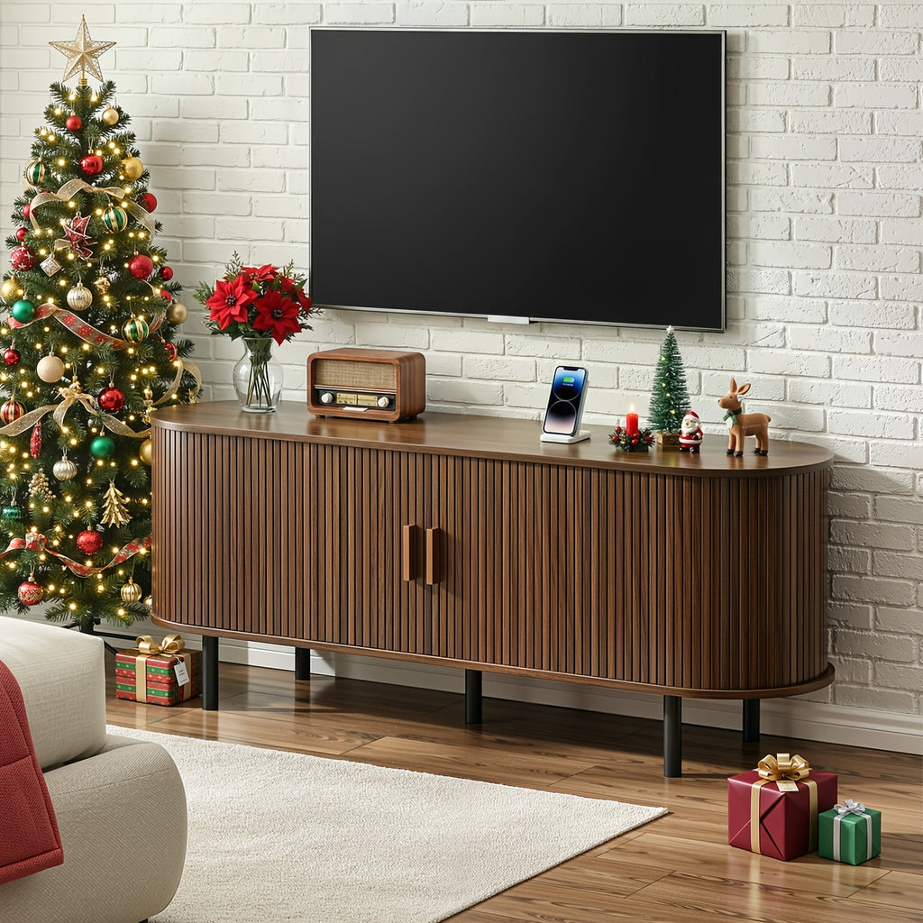 TV Stand, Wide Sturdy Modern Entertainment Center with Adjustable Shelves, Sliding Doors & Ample Storage, for 90 Inch TVs, 86 Inch\u002F70.8 Inch\u002F55 Inch, Walnut\u002FBlack\u002FOak, Media Console for Living Room Bedroom, with Power Outlet