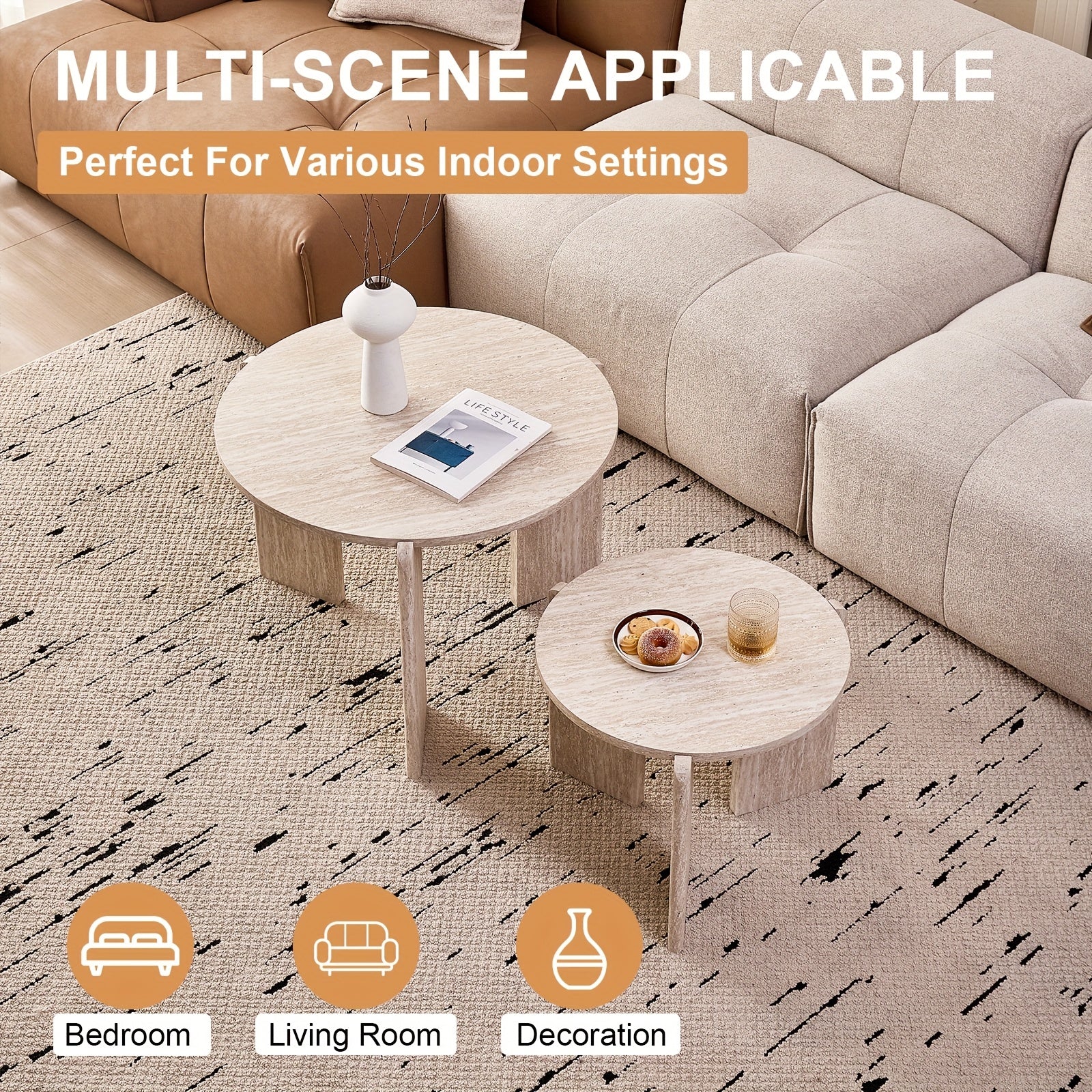 Pair of Circular Nesting Coffee Tables with Adjustable Height, Designed in a Mid-Century Modern Style, Suitable for Bedrooms, Living Rooms, Office Studios, And Apartments