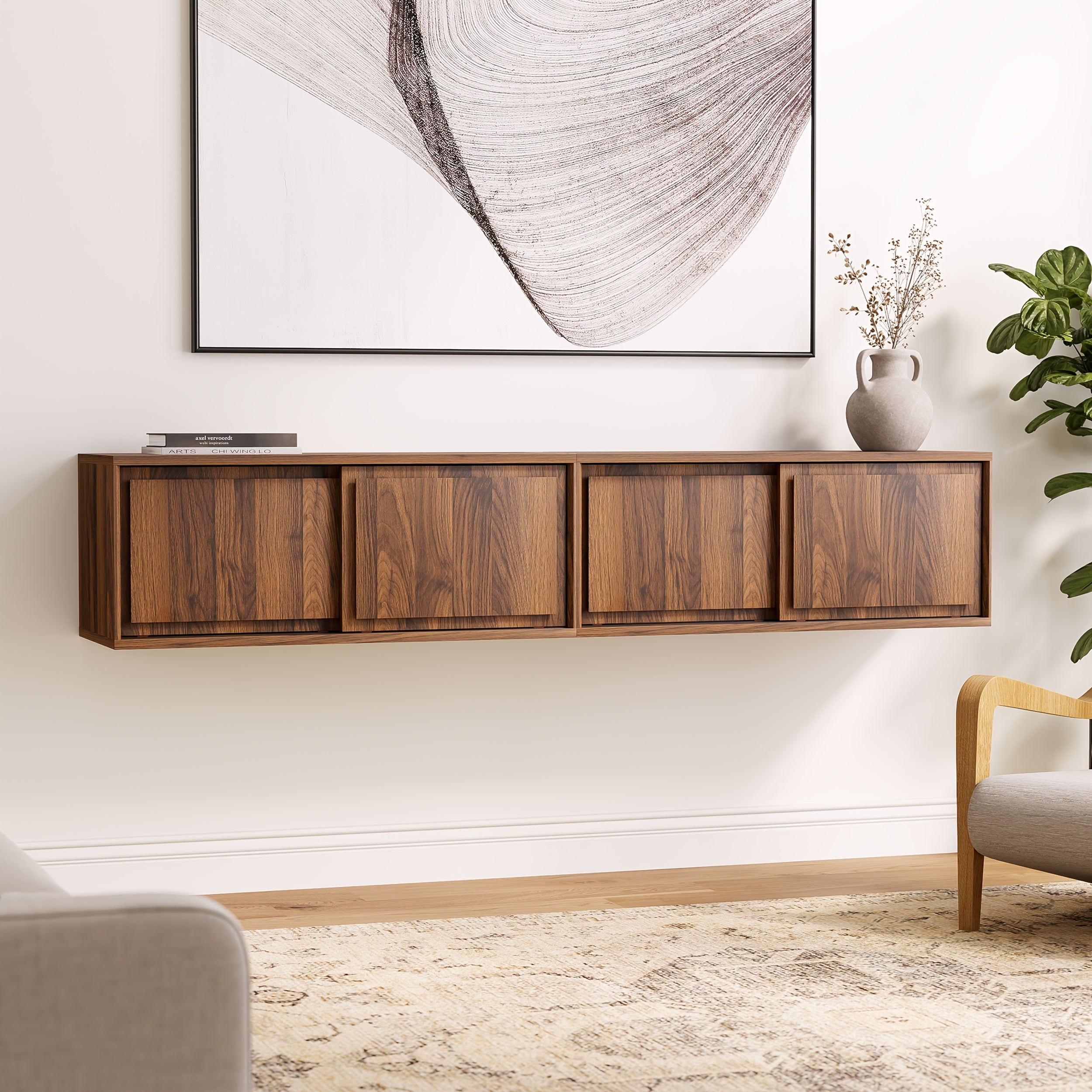 Modern Floating TV Stand, Accent Nightstands Wall Mounted Bedside Table Handless Storage Cabinet with Sliding Doors for Living Room Bedroom, Natural Oak