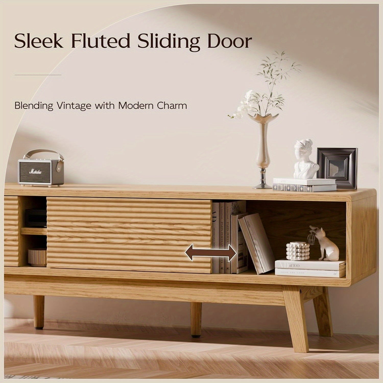 70-inch Modern TV Stand Compatible for 55\u002F65\u002F75 Inch TVs, Low Profile Media Console with Sliding Doors & Open Storage, Oak Boho Credenza Suitable for Living Room, Media for 75-inch TVs