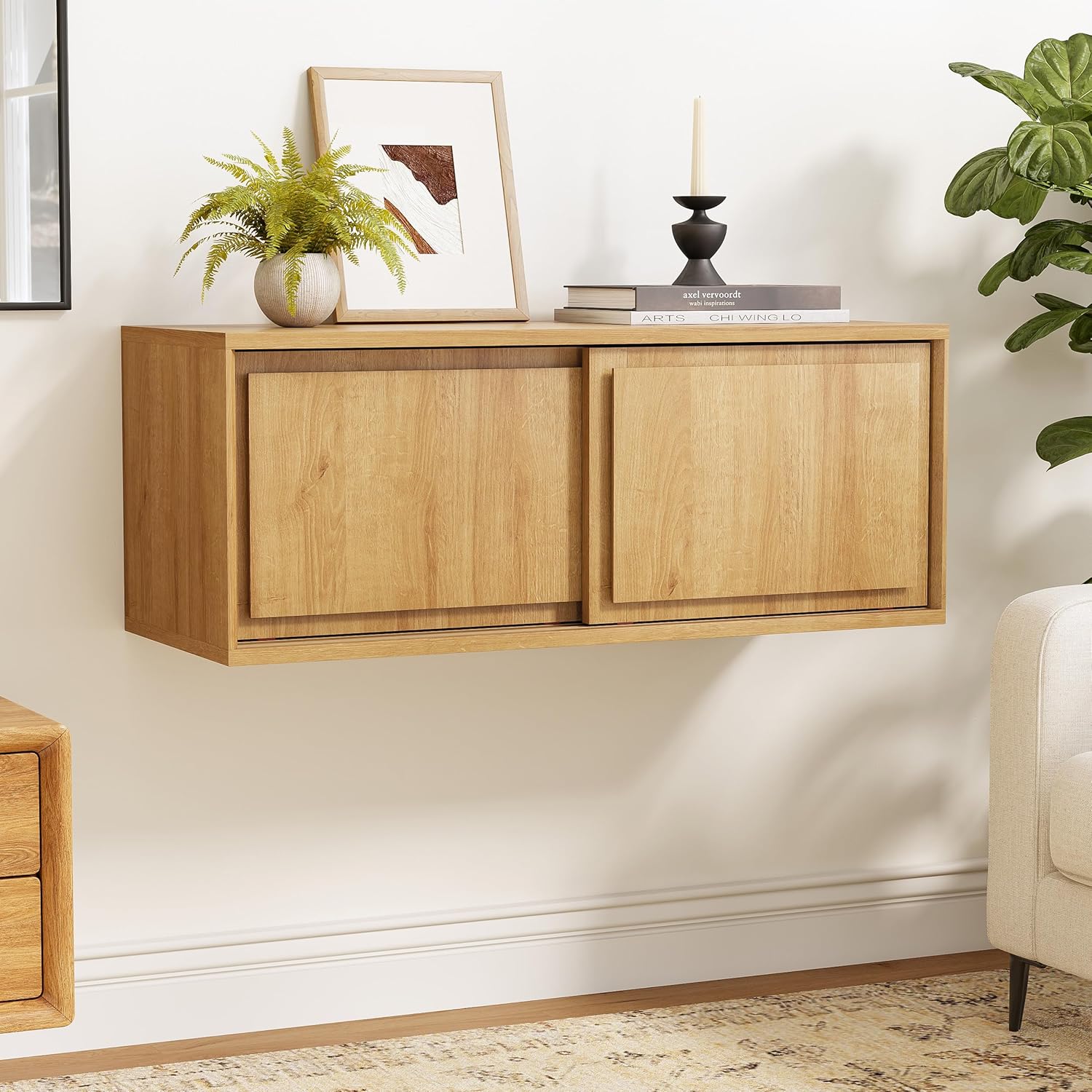 Modern Floating TV Stand, Accent Nightstands Wall Mounted Bedside Table Handless Storage Cabinet with Sliding Doors for Living Room Bedroom, Natural Oak