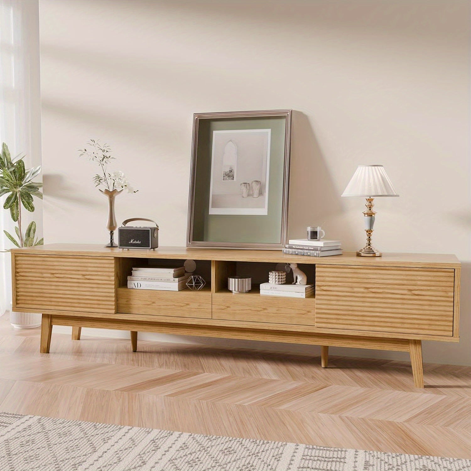 70-inch Modern TV Stand Compatible for 55\u002F65\u002F75 Inch TVs, Low Profile Media Console with Sliding Doors & Open Storage, Oak Boho Credenza Suitable for Living Room, Media for 75-inch TVs