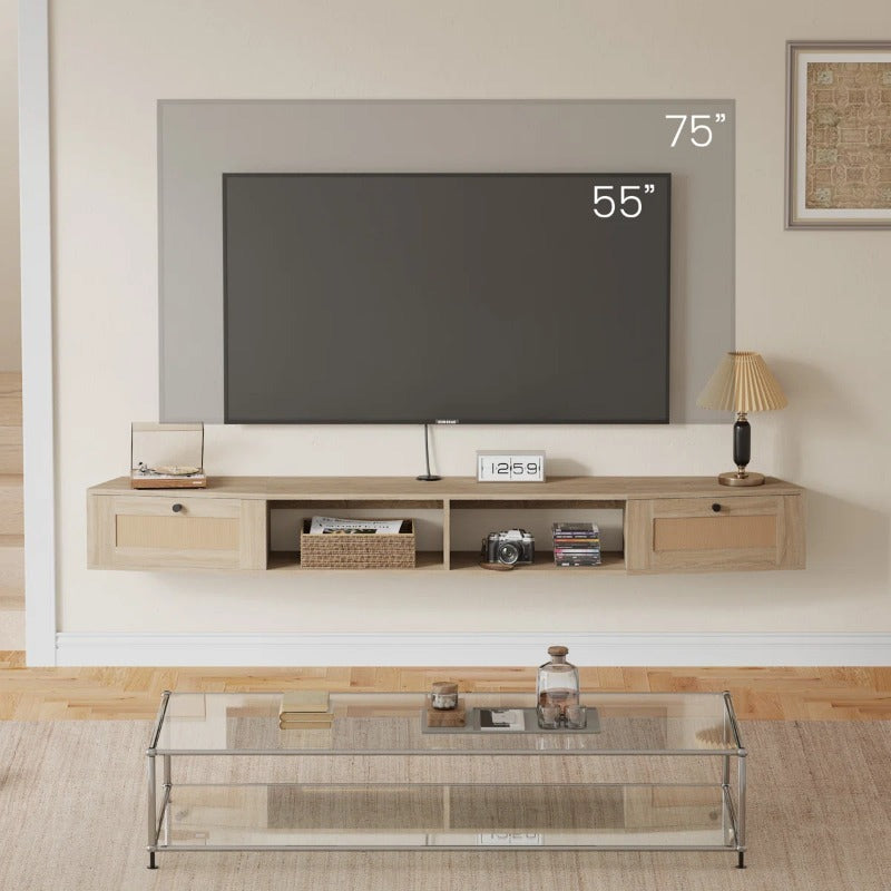 Wall-Mounted Floating TV Stand with Rattan Doors & Storage Shelf - Modern Media Console Suitable for 55\
