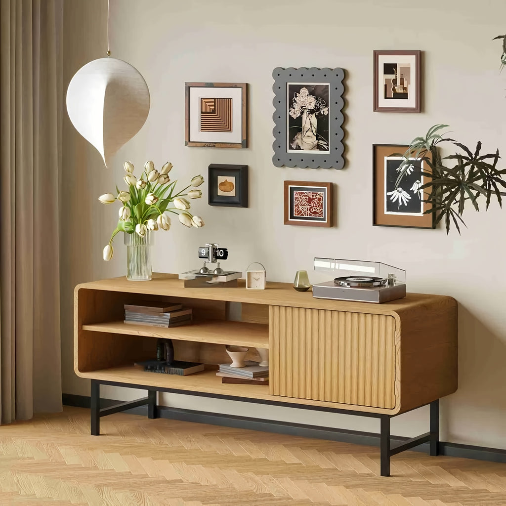 43-Inch Modern Farmhouse TV Stand with Doors & Open\u002FShut Cabinets - Wood Entertainment Center Suitable for TVs 30-50\