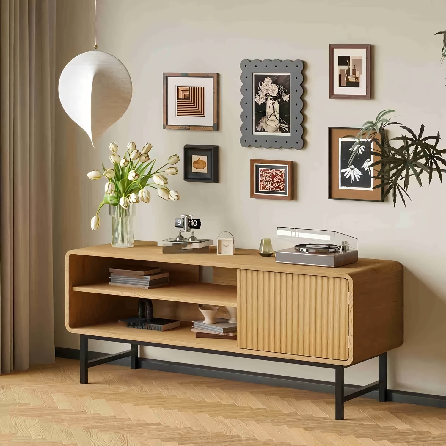 43-Inch Modern Farmhouse TV Stand with Doors & Open\u002FShut Cabinets - Wood Entertainment Center Suitable for TVs 30-50\