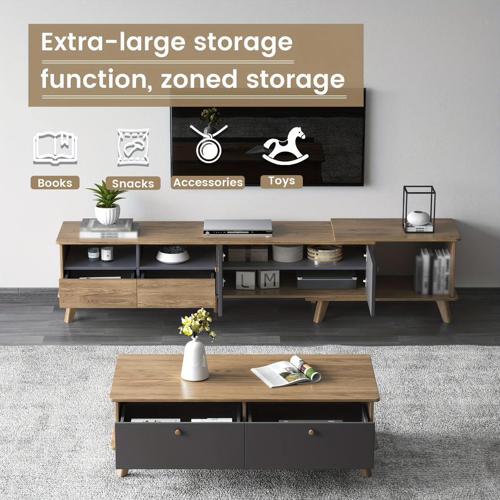 3pcs Mid Century Modern TV Stand Entertainment Center | Extendable TV Cabinet, Coffee Table and Side Table Set of 3, TV Cabinet with Storage for TVs Up to 80\