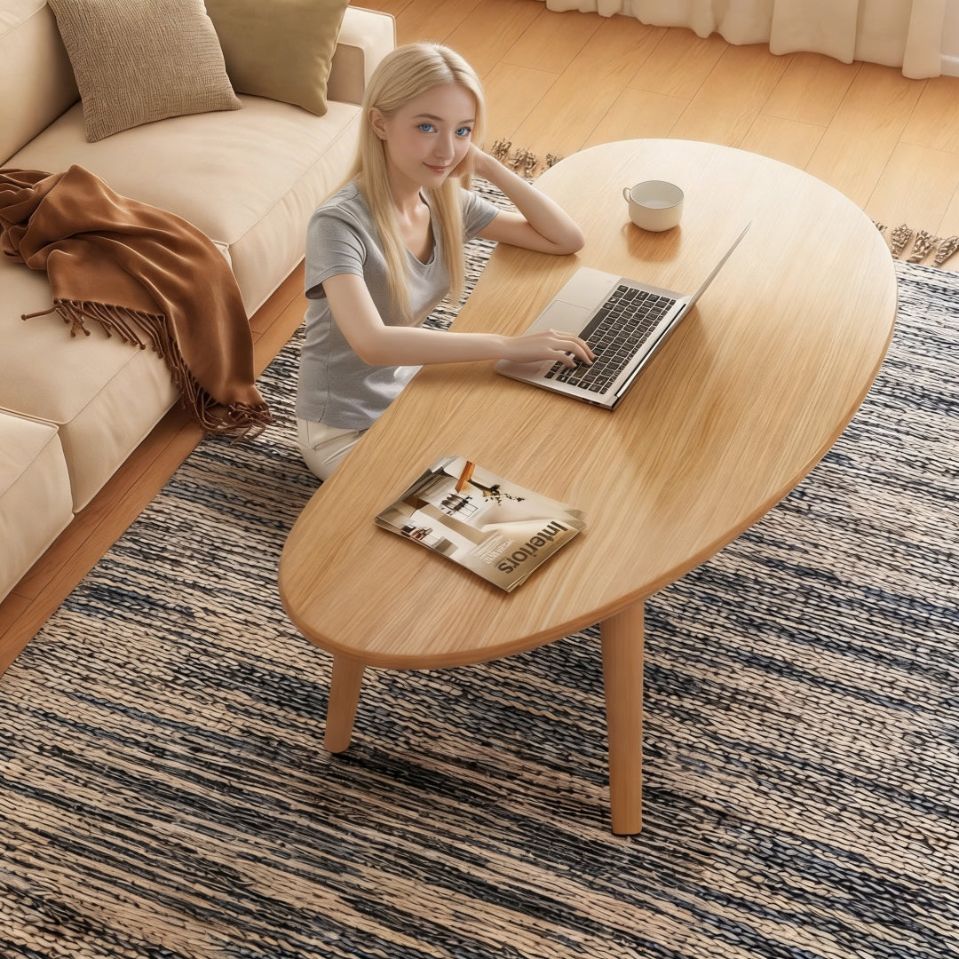 Solid Wood Nordic Modern Coffee Table with Round Edge - Space-Saving Tea Table, Natural Wood Grain, Assembly Living Room Center Table for Small Spaces Suitable for Nordic Modern Farmhouse Decor