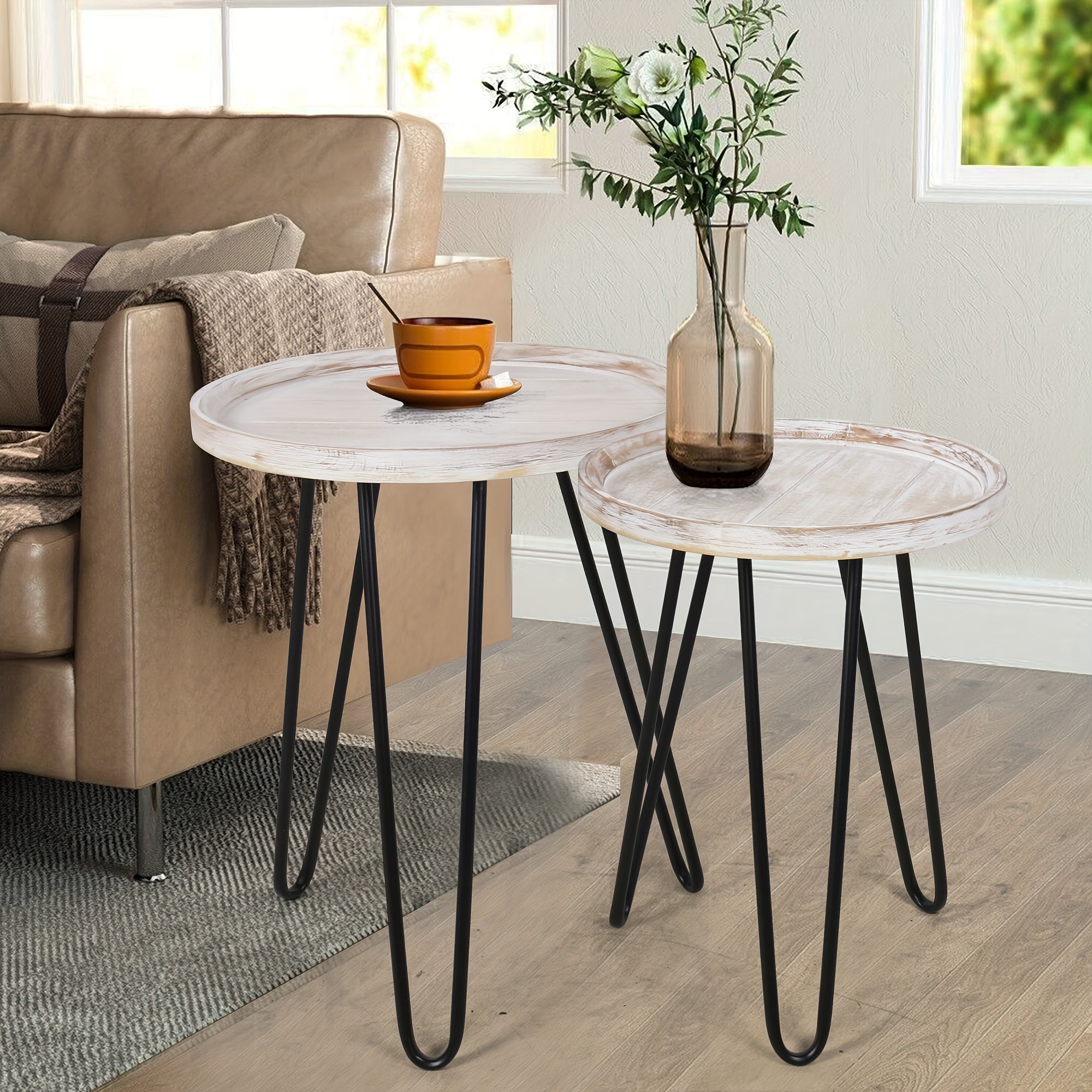 Nesting Tables Set Of 2 Oakrain Nesting Tables For Living Room, Round Nesting Coffee Table, Farmhouse End Tables Living Room Set Of 2, Wood Side Tables Set Of 2 For Sofa, Bedroom