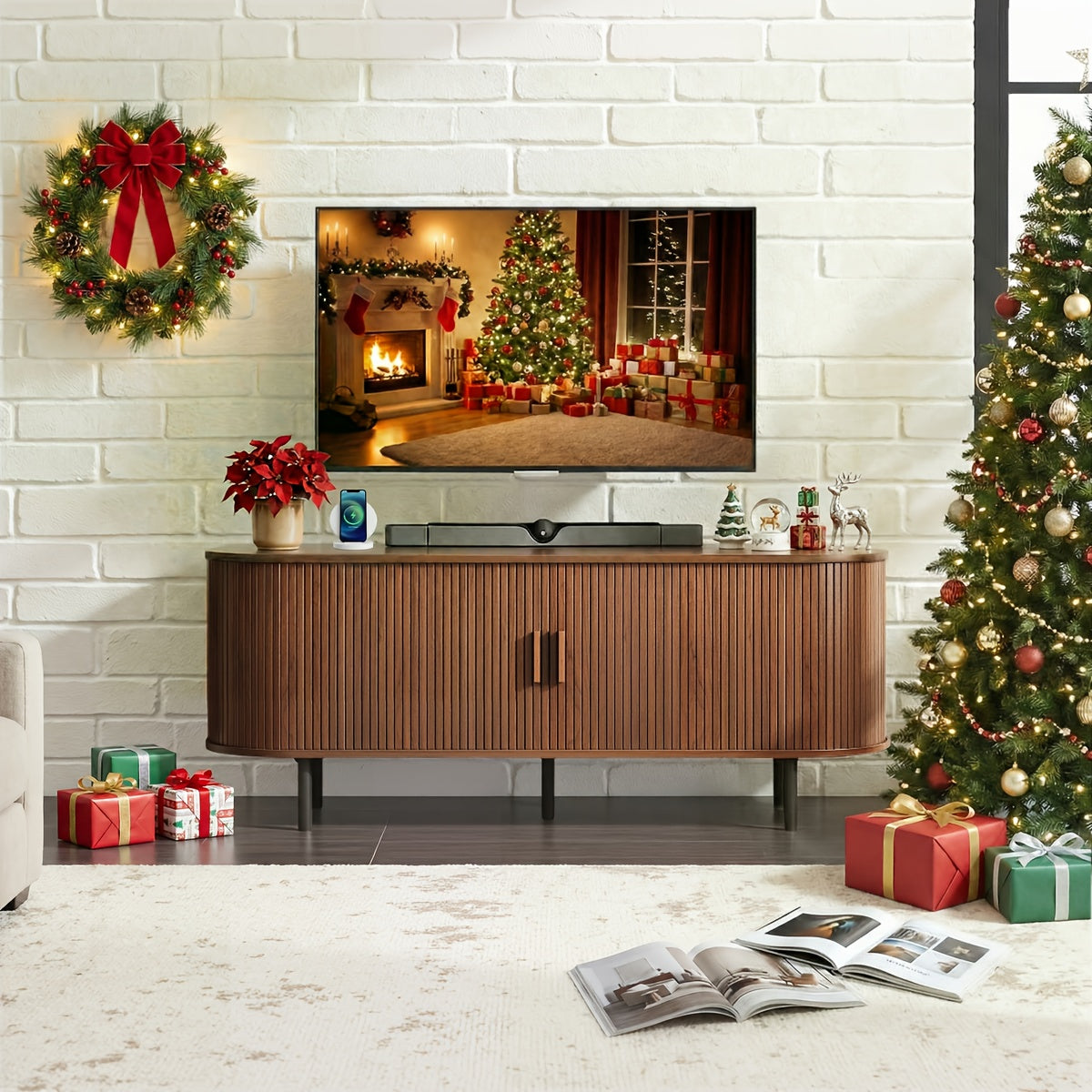 TV Stand, Wide Sturdy Modern Entertainment Center with Adjustable Shelves, Sliding Doors & Ample Storage, for 90 Inch TVs, 86 Inch\u002F70.8 Inch\u002F55 Inch, Walnut\u002FBlack\u002FOak, Media Console for Living Room Bedroom, with Power Outlet