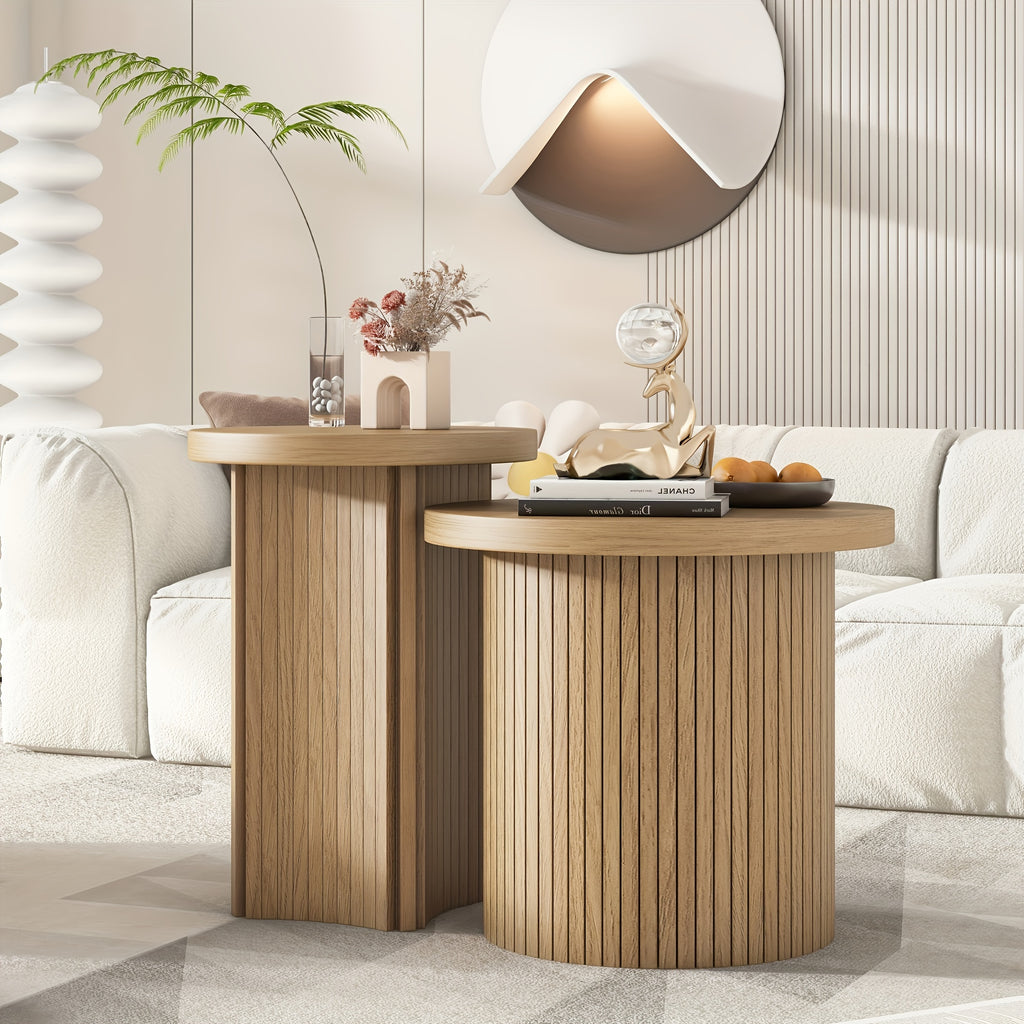 Round Wooden Coffee Table Set of 2, Modern Nesting Coffee Table, Circle Side Table for Living Room, Office, Balcony (Small 2pcs Set)
