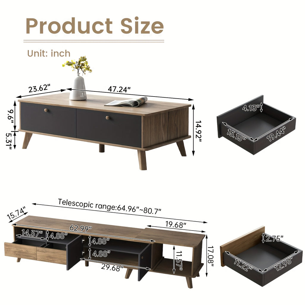 3pcs Mid Century Modern TV Stand Entertainment Center | Extendable TV Cabinet, Coffee Table and Side Table Set of 3, TV Cabinet with Storage for TVs Up to 80\