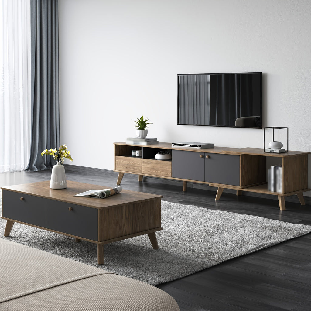 3pcs Mid Century Modern TV Stand Entertainment Center | Extendable TV Cabinet, Coffee Table and Side Table Set of 3, TV Cabinet with Storage for TVs Up to 80\