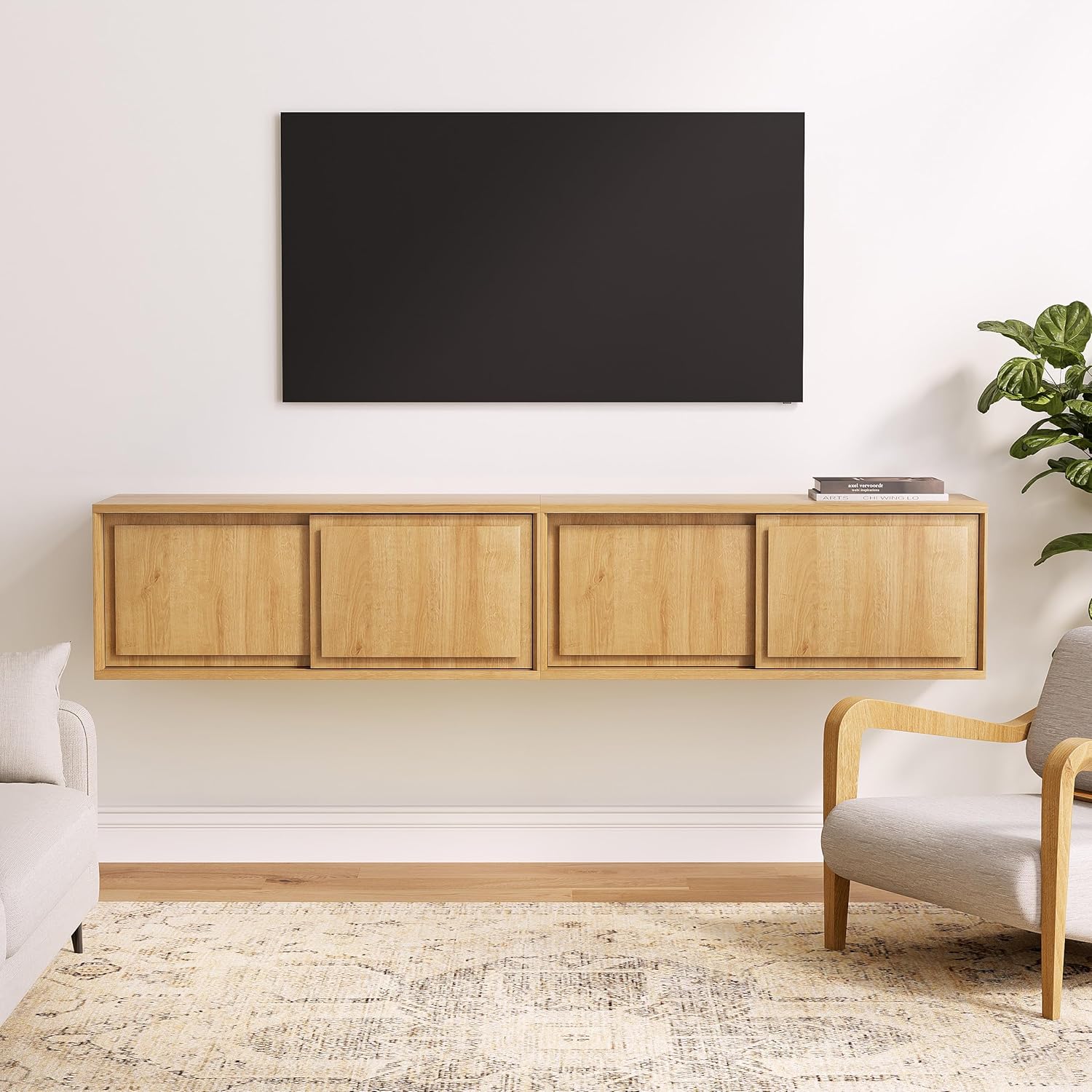 Modern Floating TV Stand, Accent Nightstands Wall Mounted Bedside Table Handless Storage Cabinet with Sliding Doors for Living Room Bedroom, Natural Oak