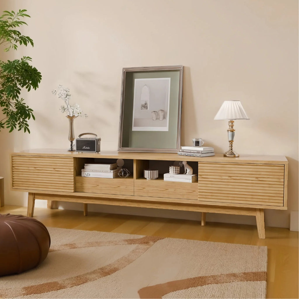 70-inch Modern TV Stand Compatible for 55\u002F65\u002F75 Inch TVs, Low Profile Media Console with Sliding Doors & Open Storage, Oak Boho Credenza Suitable for Living Room, Media for 75-inch TVs