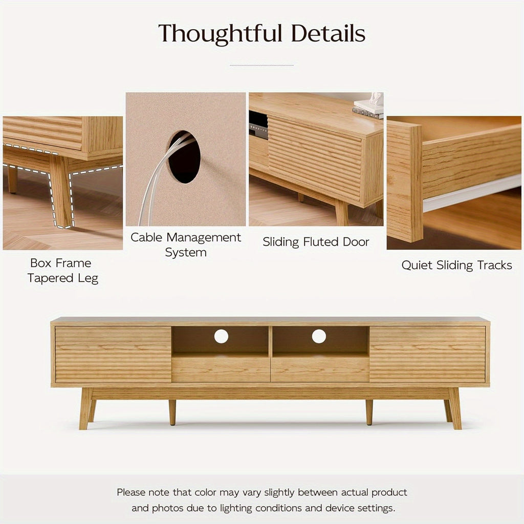 70-inch Modern TV Stand Compatible for 55\u002F65\u002F75 Inch TVs, Low Profile Media Console with Sliding Doors & Open Storage, Oak Boho Credenza Suitable for Living Room, Media for 75-inch TVs